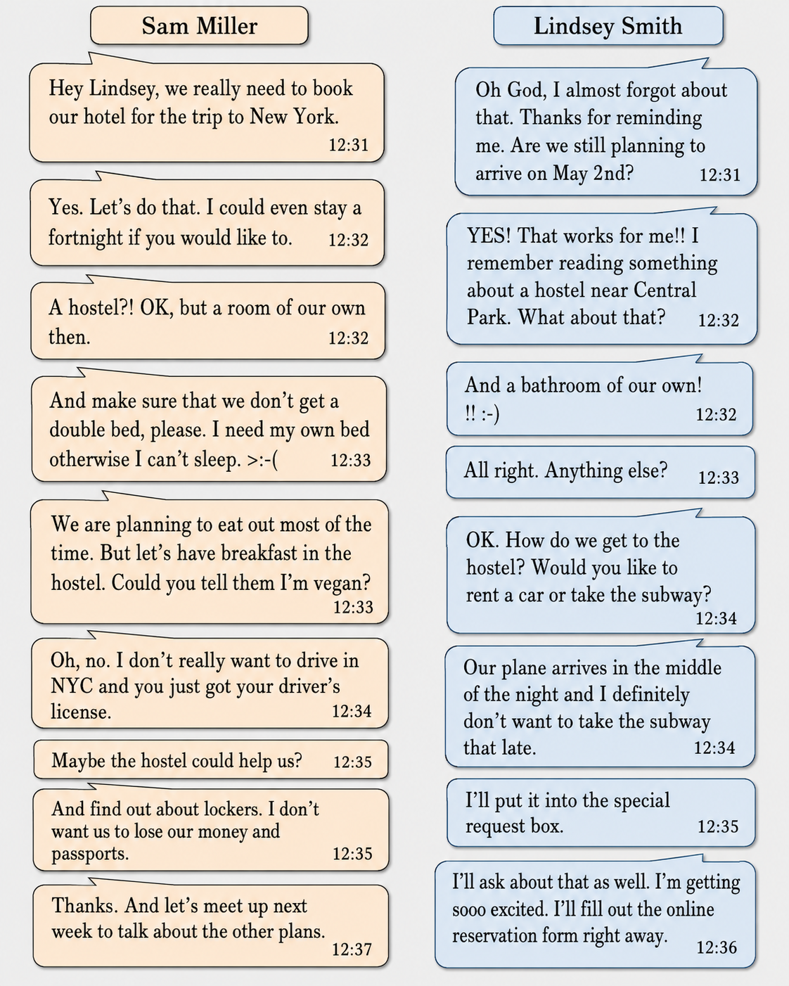 Chat-Nachricht zwischen zwei Personen über eine Reise nach New York und die Hotelbuchung.
